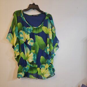 Zach & Rachel Blue, Green & Yellow Top with Cutout Sleeves, Size L